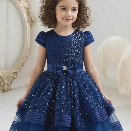 Imported High Quality Stylish Chiffon  Party Dress Princess Flower Girl-Blue Color-[PD305]